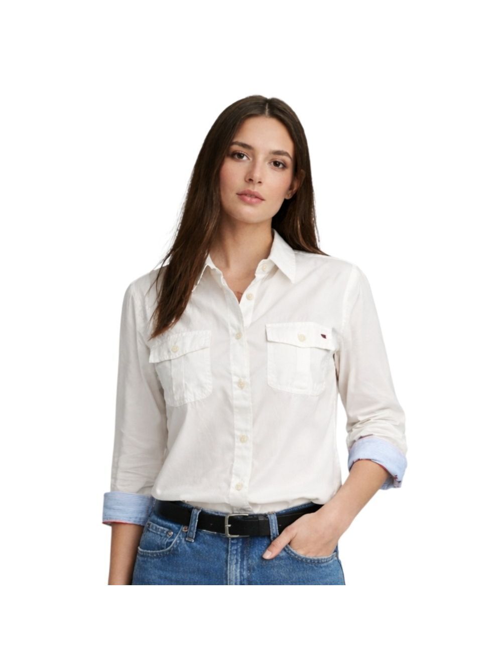 Tommy Hilfiger White Blouse Blue Stripe Cuff Size Large